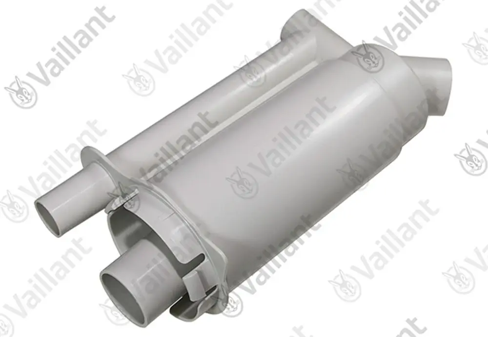 Weißer Siphon von Vaillant mit zwei Anschlussrohren, geeignet für die Installation in Heizungs- oder Sanitärsystemen.